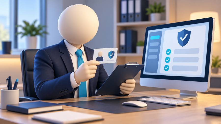 Illustration 3D d’un dirigeant de sécurité privée vérifiant une carte professionnelle et une liste de contrôles sur ordinateur.