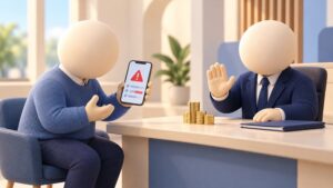 Fraude bancaire : un client montre une alerte sur son téléphone face à un représentant de la banque, personnages 3D sans visage.
