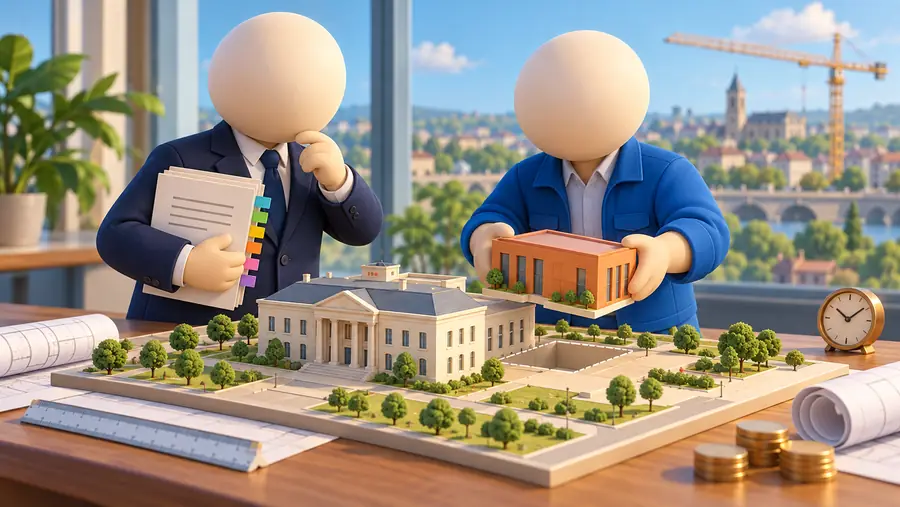 Deux personnages examinent l’ajout d’une extension à un bâtiment public, avec un contrat, des plans et une horloge.