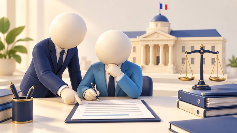 Deux personnages masculins aux têtes sphériques examinent un dossier administratif, devant un bâtiment public et une balance de justice.