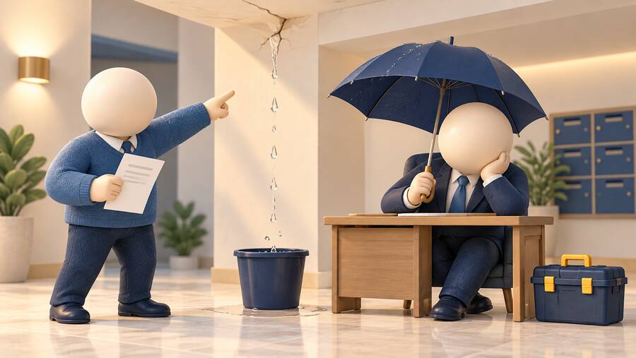 Illustration 3D : un copropriétaire signale une fuite à un syndic inactif, avec des personnages sans traits du visage.